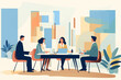 Business graphic vector modern style illustration of business people in a workplace environment meeting to collaborate discuss pitch present project results financial accounts outline agreement