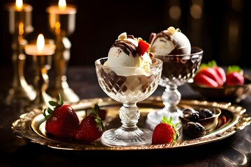 A gold tray holds two ice cream sundaes topped with strawberries, creating a delightful dessert display.