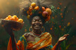 afro woman smiling, with a scarf and a bowl of tropical fruits on her head