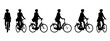 Vector concept or conceptual black silhouette of a woman riding a bicycle from different perspectives isolated on white background. A metaphor for health, fitness, work, leisure and lifestyle