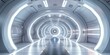 Futuristic spaceship interior corridor design, white background 3D room light abstract space technology tunnel stage floor. Empty white future 3D neon background.