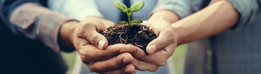 Artistic rendering of business peoples hands gently holding a plant, showcasing their dedication to fostering growth and sustainability in both people and the environment