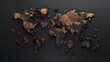 A large, intricate puzzle map of the world. The puzzle pieces are made of wood and are brown in color. The map is on a black background