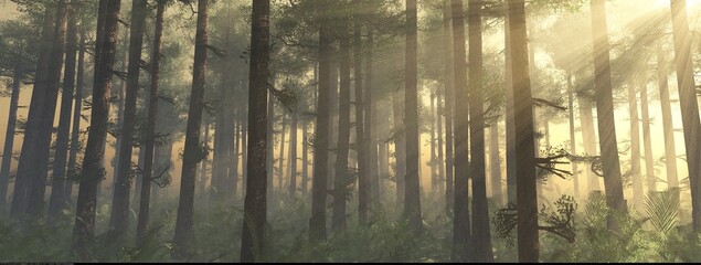 Wall Mural - Forest in the morning in a fog in the sun, trees in a haze of light, glowing fog among the trees, 3D rendering