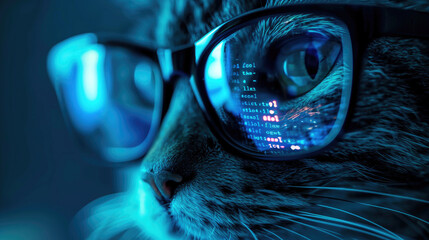 Wall Mural - Face of cat hacker working in dark room close-up, computer code reflected in his glasses. Concept of spy, ransomware, cyber technology, hack, humor, scam, fraud and virus
