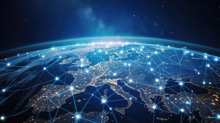 Wall Mural - World global network background, digital polygonal grid on Europe, Earth globe. Concept of connect, map, tech, worldwide, internet, satellite and future