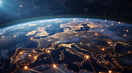 Wall Mural - World global network in Europe, digital polygonal grid and lights on Earth globe on space background. Concept of connect, map, tech, worldwide, satellite and future