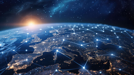 Wall Mural - World global network background, digital polygonal grid on Europe, sun and Earth globe in space. Concept of connect, map, tech, worldwide, internet, satellite