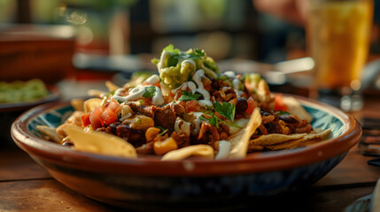 Wall Mural - Delicious Loaded Nachos with Guacamole, Salsa, and Melted Cheese