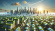 Cityscape with Sustainable Living: Urban Skyline Featuring Green Roof-tops, Solar Panels, and Zero Waste Concept