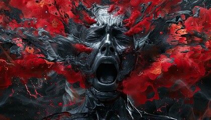 Wall Mural - A person with a mouth open and a face covered in red paint. The painting is abstract and has a dark mood