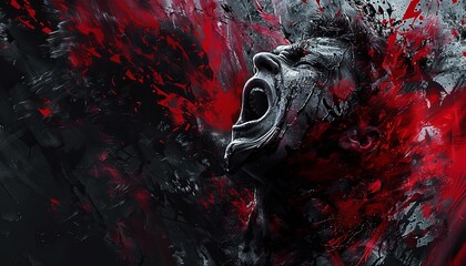 Wall Mural - A person with a mouth open and a face covered in red paint. The painting is abstract and has a dark mood