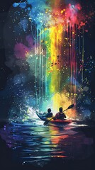 Two people are paddling a canoe in a rainbow colored stream