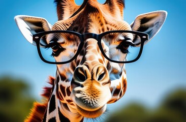 Wall Mural - Close-up of a giraffe's head wearing glasses against the sky