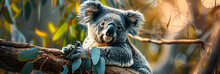 Koala Bear Sit On The Branch Of The Tree And Eat Leaves 4K Wallpaper
