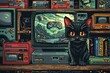 Pixel Art Gamer Paradise Detailed pixel art scene with a gamer battling enemies on a retro console screen A mischievous pixelated cat peeks out from behind game cartridges Intricate black lines 02