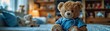 Teddy bear nurse in blue uniform smiles, checks stuffed animal with stethoscope Childrens toys on shelf in background Cute cartoon, soft light