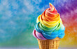Rainbow Colored Soft Serve Ice Cream Cone on Rainbow Background for Pride Month