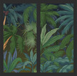 Palm tree backgrounds. Vertical backdrop for banner or flyer. Tropical botanical elements. Coconut banana and monstera palms leaves. Natural botany, jungle foliage. Vector illustration set