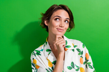 Sticker - Photo of excited dreamy girl dressed print shirt arm chin looking empty space isolated green color background