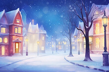 A Cartoon Drawing Of A Street In A Small Town At Night During A Gentle Snowfall. The Houses Are Two And Three Stories Tall, With Snow On Their Rooftops. There Is A Bare Tree On The Right Side Of The R