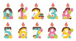 Set of Happy Birthday candle numbers. Chocolate streaks on top and fire, gifts, balloons, cake, cupcake, star. Various designs and colors. Doodle vector illustration