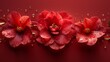 A vibrant camellia petal in deep red, centered on a minimalist red-toned background with a splash of gold liquid. 