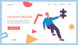 Creative process landing page. Business brainstorm. Businessman finding innovative idea. Website template. Man with puzzles and abstract shapes. Creativity challenge. Vector web background