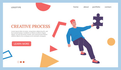 Fototapete - Creative process landing page. Business brainstorm. Businessman finding innovative idea. Website template. Man with puzzles and abstract shapes. Creativity challenge. Vector web background
