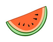 Appetizing piece of watermelon. Sweet fruit dessert. Icon, sticker and food design. Cartoon vector illustration isolated on white background. Hand drawn line