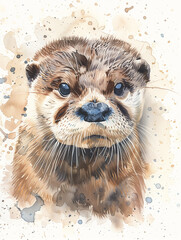 Wall Mural - A Minimal Watercolor of an Otter's Face Close Up