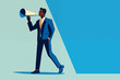 Business graphic vector modern style illustration of a business person with megaphone representing broadcasting pitching announcing product or service or advertising their credentials being heard