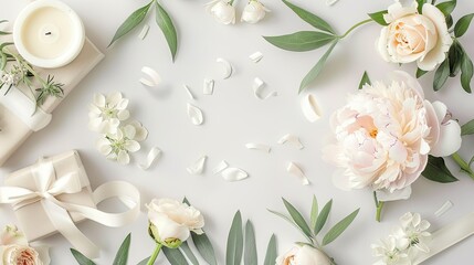 Wall Mural - A stunning arrangement featuring a delicate white pink peony surrounded by flowers gifts a white ribbon and a candle resting on a white board Captured from an overhead perspective in a flat