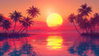 a detailed sunset phone background, illustration, palm tree silhouettes, sun reflecting in water