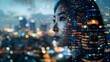 Double exposure of woman face and cityscape at night, artificial intelligence concept