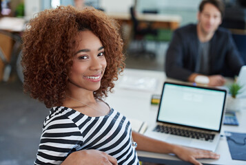 Fototapete - Professional, computer and businesswoman in portrait in office for creative work, career and graphic designer. Woman with smile, screen and laptop for connectivity or tech with coworker in workplace