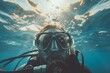 portrait of a male scuba diver underwater, diving, summer vacation and entertainment