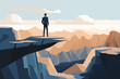 Business graphic vector modern style illustration of a business person on a mountain top representing conquering achievement progression overcoming hitting new goals or targets