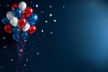  Festive 4th of July balloons in red, white, and blue, with stars on dark backdrop. Ideal for patriotic holiday promos.