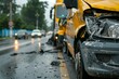 Accident scene with yellow school bus damage