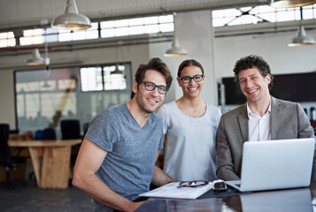 Leinwandbilder - Portrait, happy people and technology at agency for meeting with collaboration, office and web design. Laptop, teamwork and smiling employees in workplace for creative startup and project update