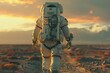 Astronaut trekking through a desert at sunset