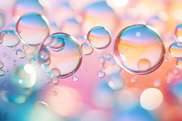 Aufkleber - Pink holographic bubbles floating on the soft colorful abstract background in beautiful vivid tones.