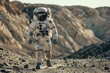 Astronaut walking on a rocky planet surface