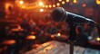 © AW AI ART - A microphone is on a wooden table in a dimly lit room. The microphone is pointed towards the camera