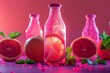 Mockup pink lemonade glass bottles surrounded by grapefruit and mint. Pink background. Minimalism. Copy space. Template for your design, space for packaging.