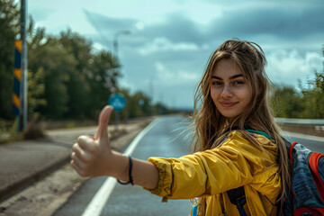 Canvas Print - young woman giving thumbs up to hitchhike on the side of the road