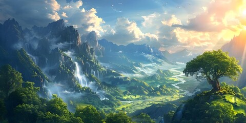 Poster - Breathtaking Landscape of Majestic Mountains Cascading Waterfalls and Lush Verdant Valleys at Sunrise