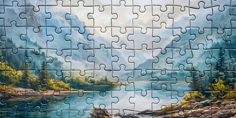 Poster - Challenging Landscape Jigsaw Puzzle with Scenic Natural Views of a Mountainous Forest Lake Reflecting a Moody Sky