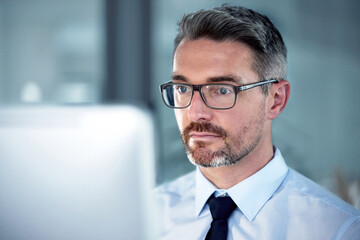 Aufkleber - Businessman, research and computer for office, working and corporate email for connection. Lawyer, law firm and technology for online, legal project and website reading in formal company workplace